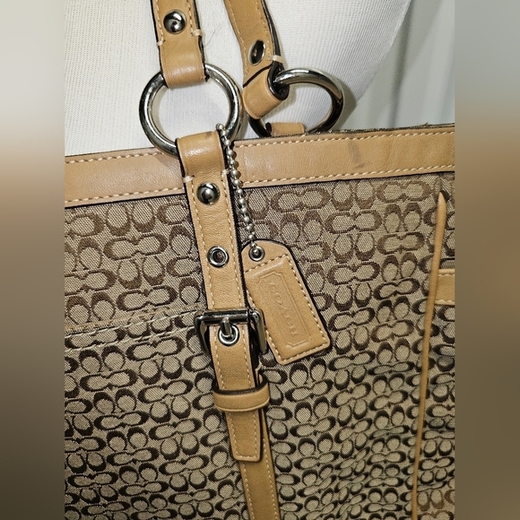 Authentic COACH SIG C JACQUARD & LEATHER HANDBAG TOTE BAG - Picture 3 of 13